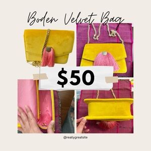 Boden Yellow and Pink Velvet Tassle Bag
